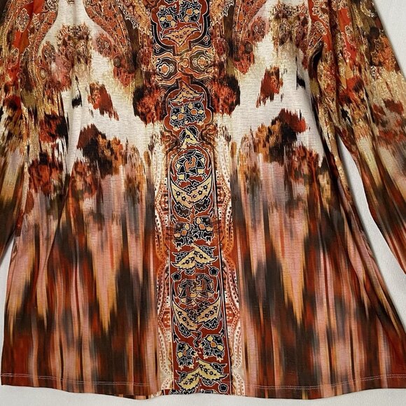 One World Womens Tunic Top Sz L Orange Brown Boho Open Crochet V-neck Fall L/S - Picture 9 of 12